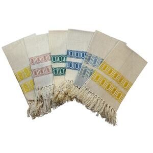 Set Of 6 Linen Embroidered Napkins W/ Fringe Colorful 9.5 X 17.5” Pastels VTG